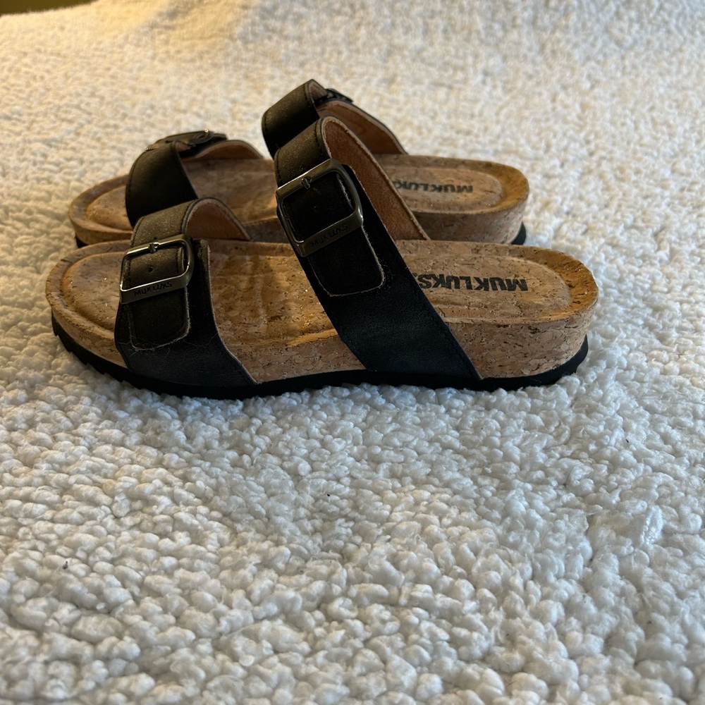 Muk Luks Black adjustable Velcro Two-Strap Sandals with Cork Footbed
